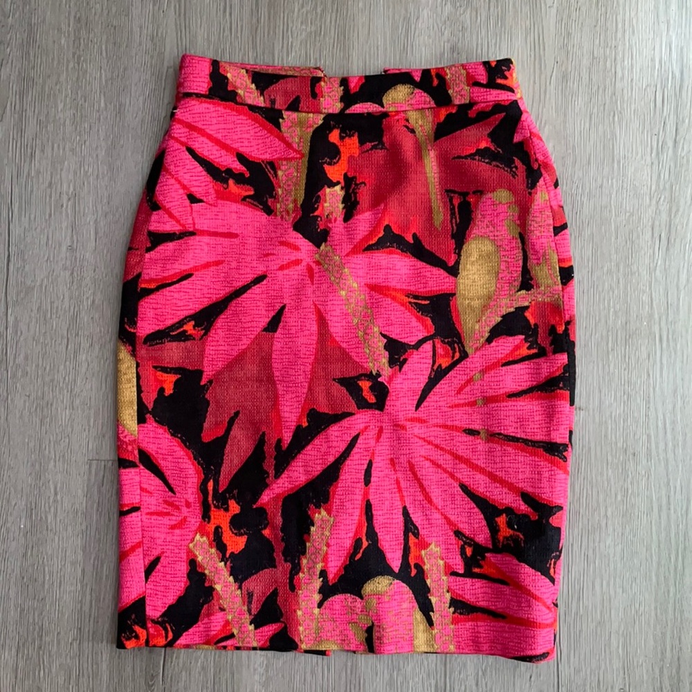 Pink /black floral j crew pencil midi skirt